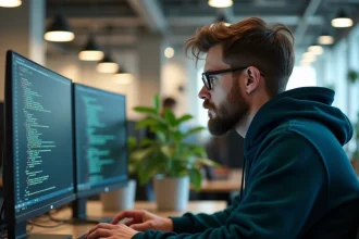 Développeur logiciel examinant attentivement les mises à jour de drivers sur deux écrans dans un bureau tech moderne