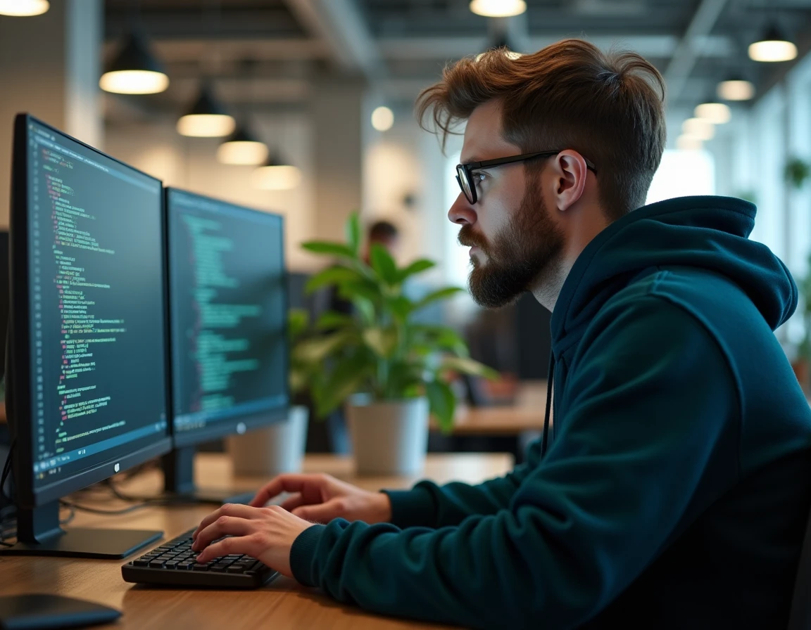 Développeur logiciel examinant attentivement les mises à jour de drivers sur deux écrans dans un bureau tech moderne