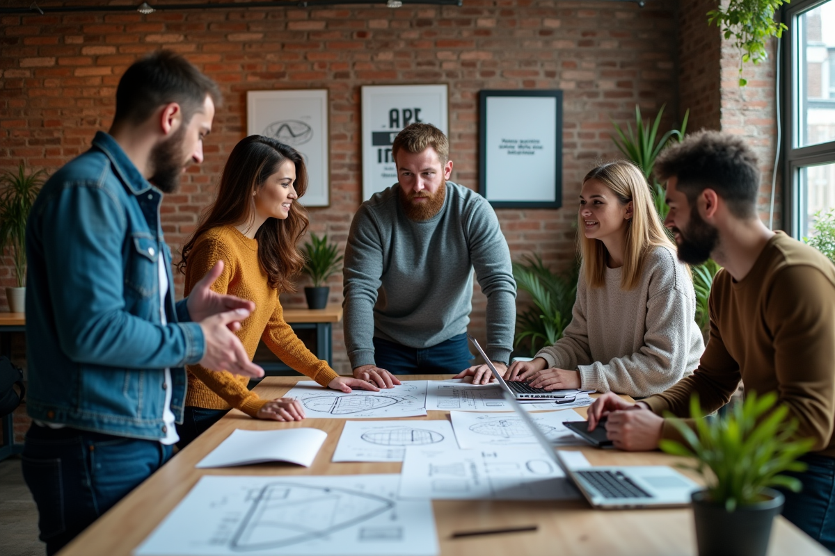 Groupe de développeurs discutant autour d un bureau avec esquisses blockchain