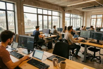 Espace de coworking moderne dans les Pays de la Loire avec des développeurs freelance travaillant sur leurs projets web