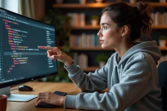 Jeune développeuse pointant du doigt un écran affichant du code CSS avec des propriétés de positionnement absolu
