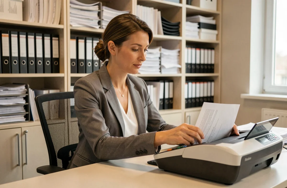 Spécialiste en gestion documentaire de Docaposte numérisant des documents dans un bureau professionnel organisé