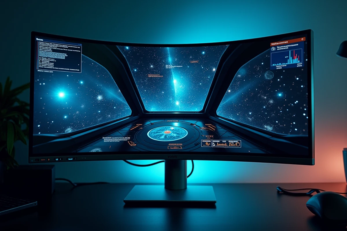 Écran ultrawide courbe 21/9 affichant un jeu spatial avec FOV étendu et interface HUD, compromis résolution 1080p pour Eve Online