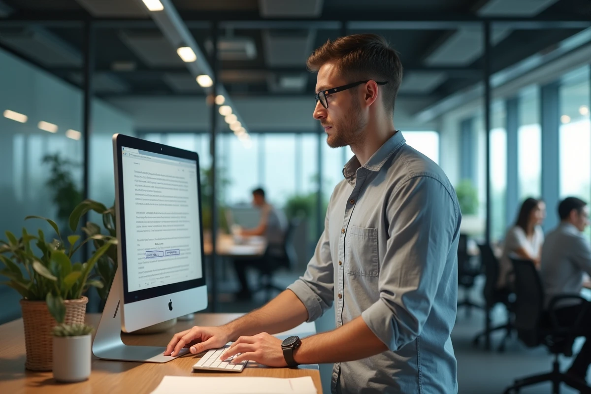 Enseignant masculin joignant un document de cours en PDF dans ZIMBRA Unicaen depuis un bureau universitaire en open space