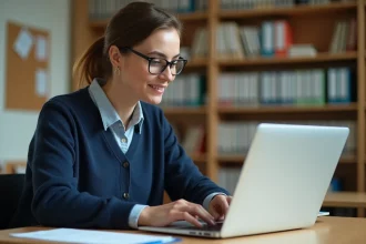 Enseignante configurant les réglages de son webmail académique sur un ordinateur portable dans une salle des professeurs