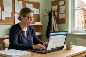Enseignante utilisant l'intranet académique de Normandie sur son ordinateur portable dans une salle des professeurs