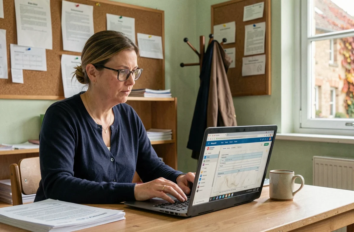Enseignante utilisant l'intranet académique de Normandie sur son ordinateur portable dans une salle des professeurs