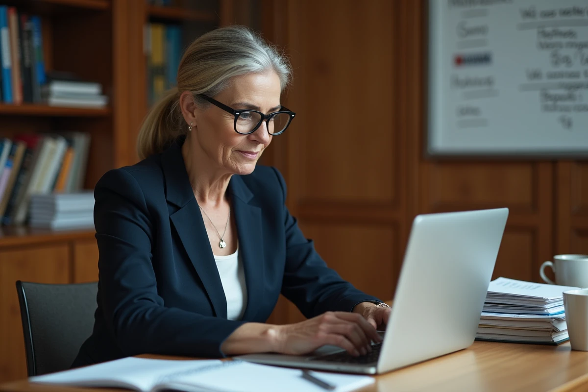 Enseignante universitaire utilisant ZIMBRA Unicaen sur son ordinateur portable pour partager des cours avec ses étudiants