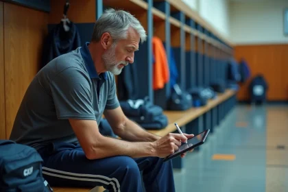 Entraineur de handball en salle avec tablette numérique