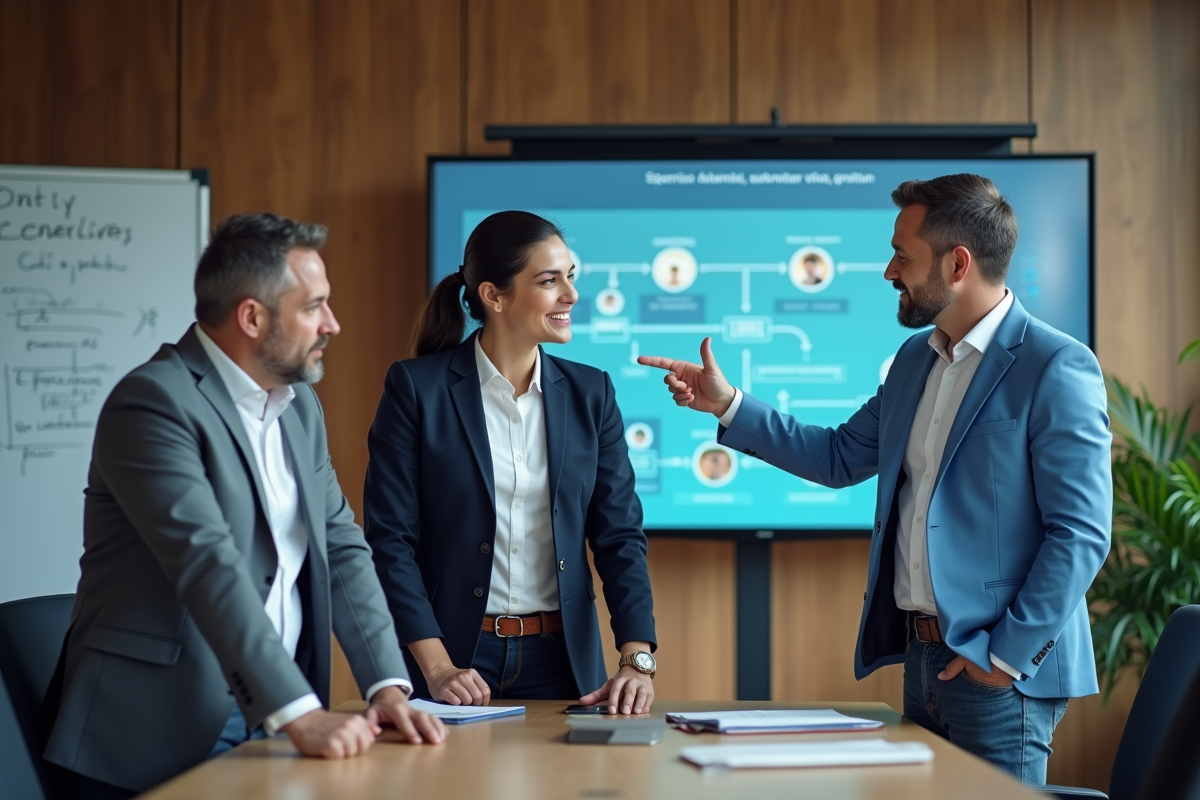 Groupe de professionnels discutant autour d un écran digital
