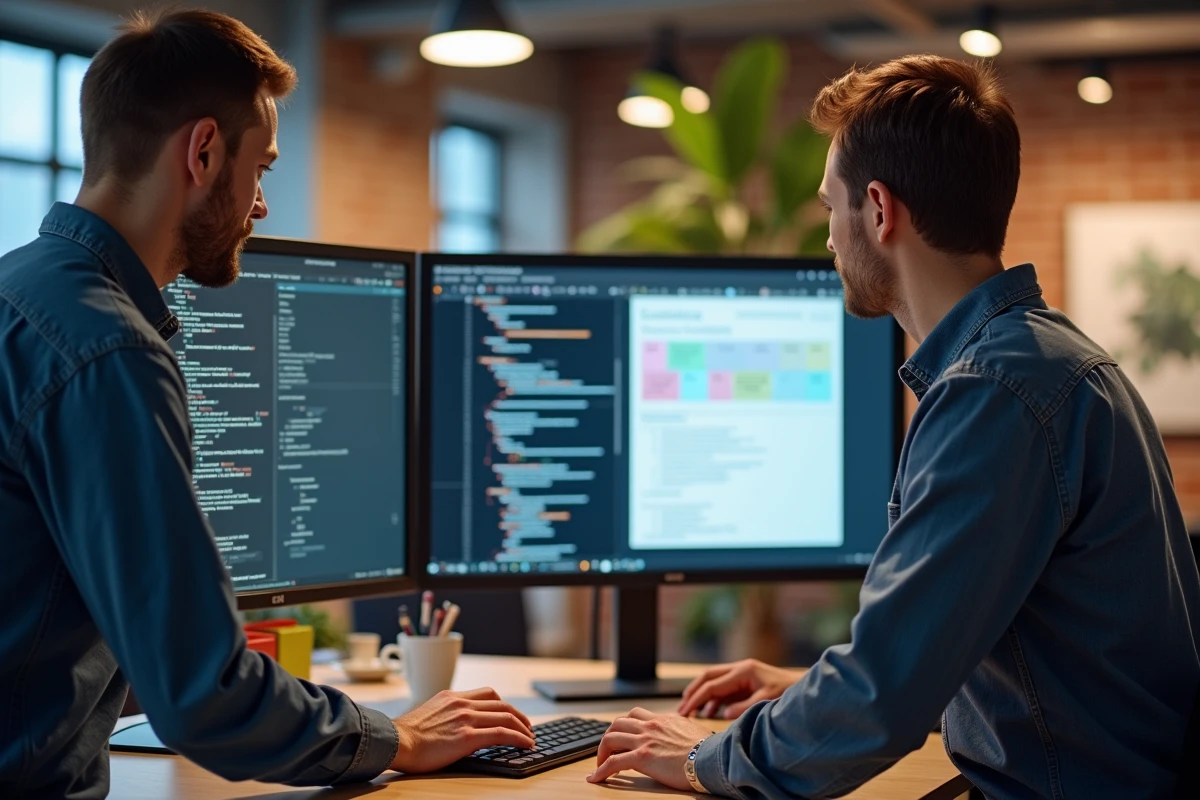Deux développeurs collaborant devant un double écran illustrant le positionnement absolu en CSS dans un bureau moderne
