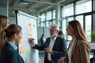 Équipe MOA et DSI collaborant autour d'un tableau blanc pour définir des use cases communs en entreprise