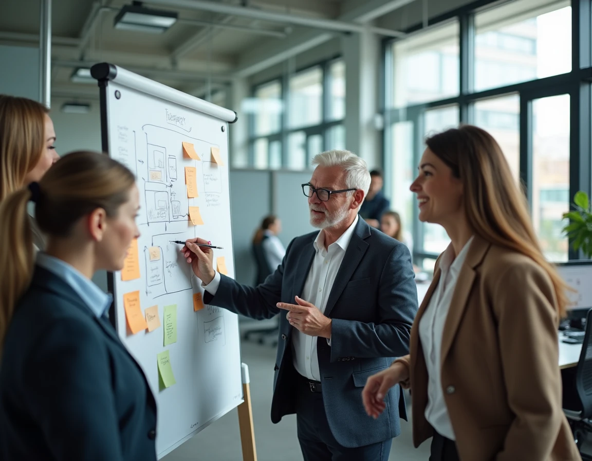 Équipe MOA et DSI collaborant autour d'un tableau blanc pour définir des use cases communs en entreprise