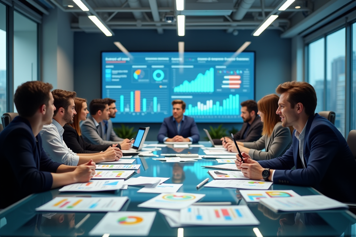 Equipe créative en réunion avec graphiques et appareils numériques