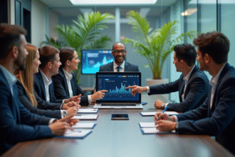 Groupe de professionnels autour d'une table avec un ordinateur affichant des visualisations IA