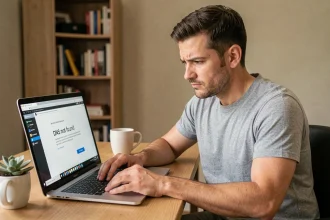 Homme consultant une page d'erreur DNS sur son ordinateur portable dans un bureau à domicile moderne