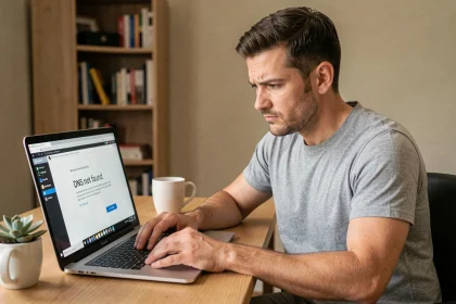 Homme consultant une page d'erreur DNS sur son ordinateur portable dans un bureau à domicile moderne