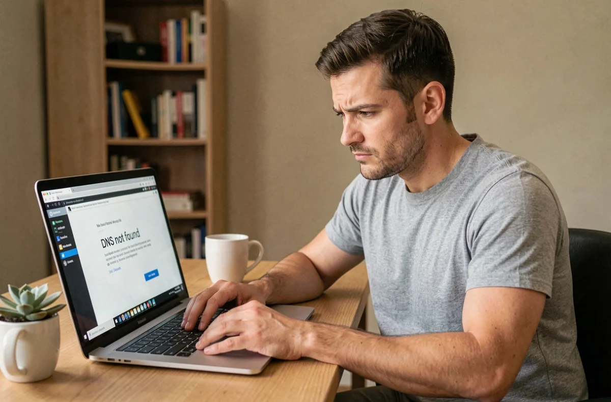 Homme consultant une page d'erreur DNS sur son ordinateur portable dans un bureau à domicile moderne