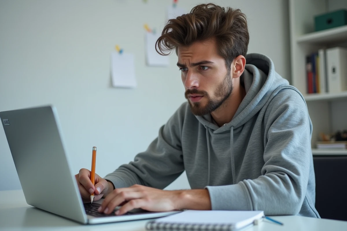 Étudiant vérifiant le compteur de caractères de son mémoire sur un ordinateur portable dans son appartement