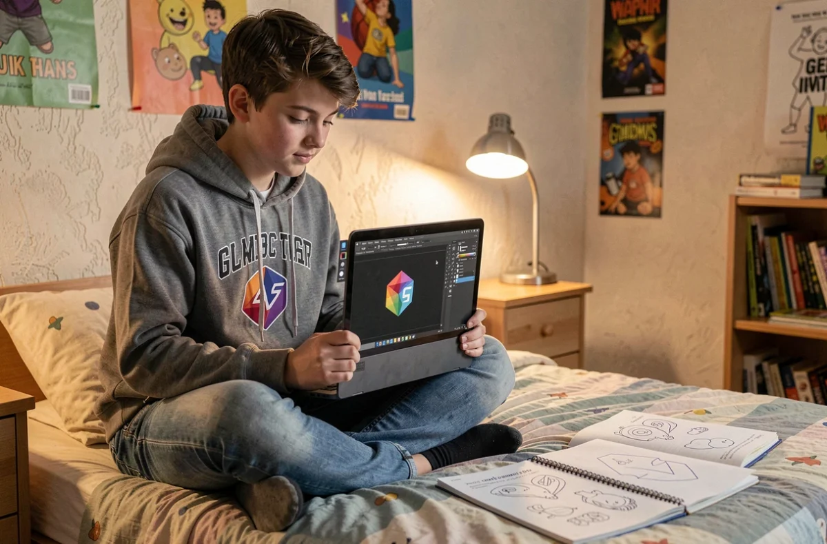 Adolescent utilisant un logiciel gratuit sur laptop pour éditer un fichier SVG dans une chambre d'étudiant