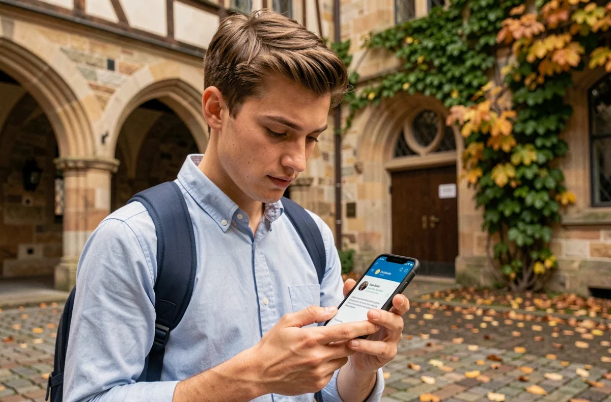 Étudiant vérifiant son mail Strasbourg sur smartphone dans la cour d'un campus universitaire alsacien