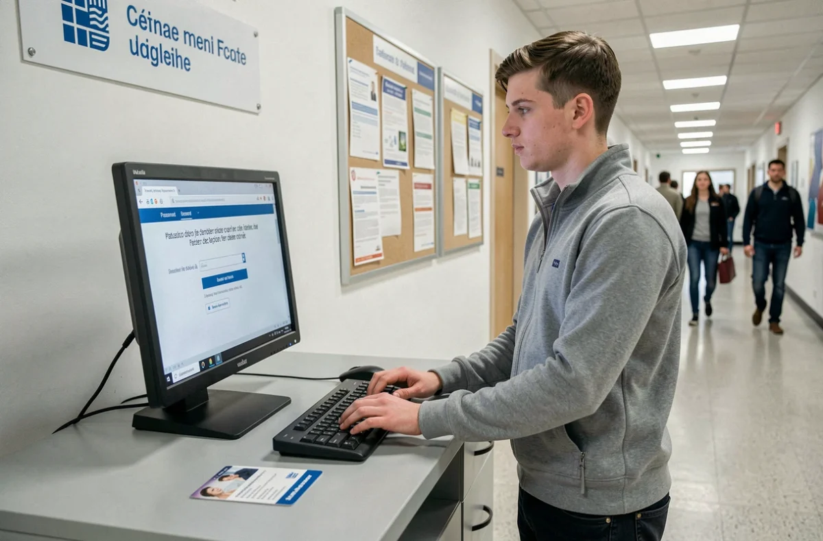 Étudiant masculin réinitialisant son mot de passe intranet Lyon 3 sur un terminal informatique universitaire