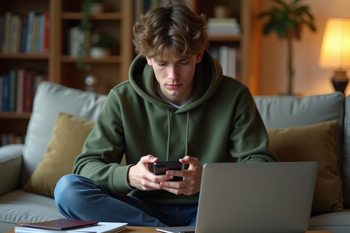 Étudiant consultant un email de réinitialisation de mot de passe webmail académique sur son smartphone dans son appartement