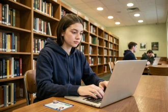 Étudiante de Versailles consultant son adresse mail académique sur un ordinateur portable dans une bibliothèque universitaire