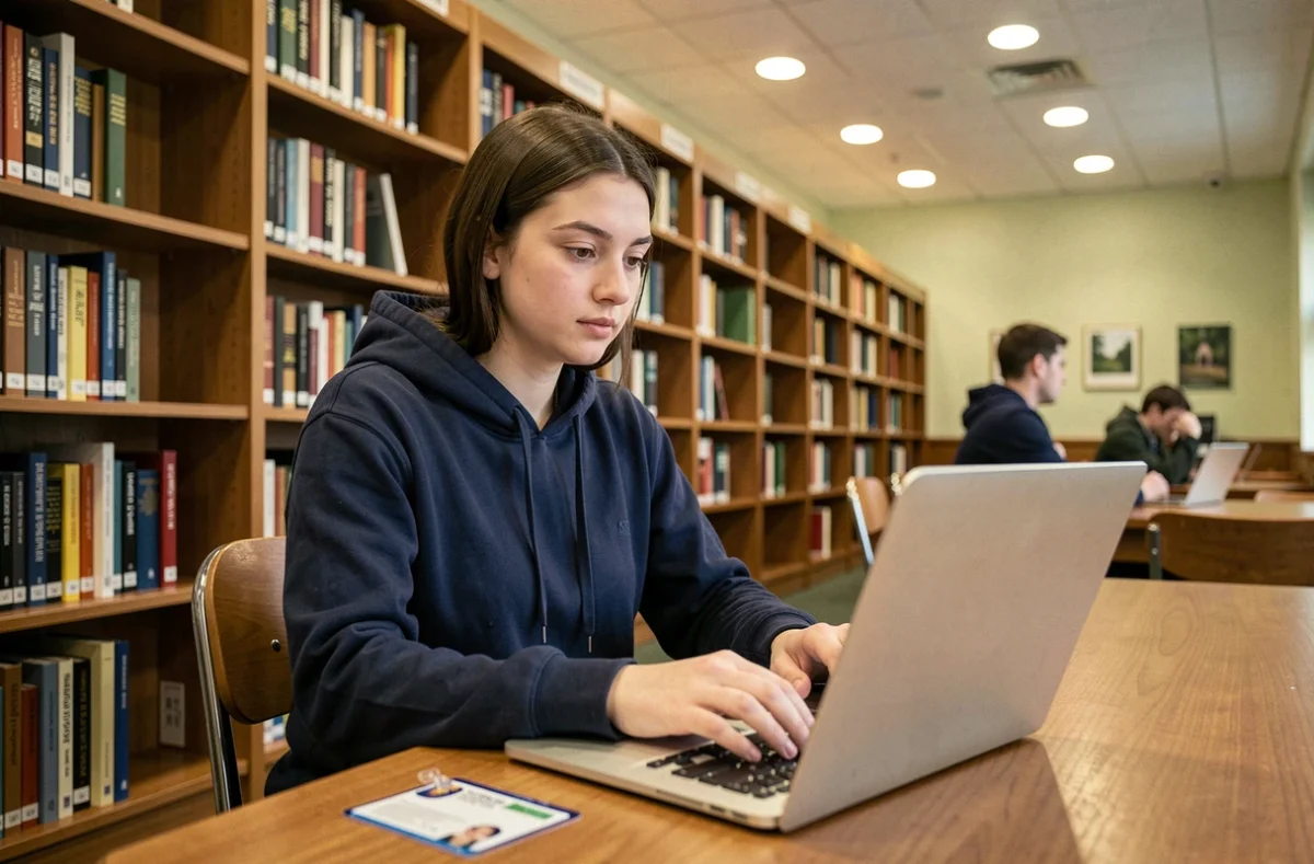 Étudiante de Versailles consultant son adresse mail académique sur un ordinateur portable dans une bibliothèque universitaire