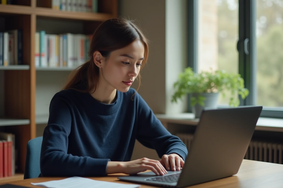 Étudiante connectée à sa boîte mail académique de Nantes sur un ordinateur portable dans un bureau universitaire