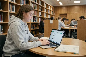 Étudiante consultant sa messagerie universitaire Strasbourg sur un ordinateur portable en bibliothèque
