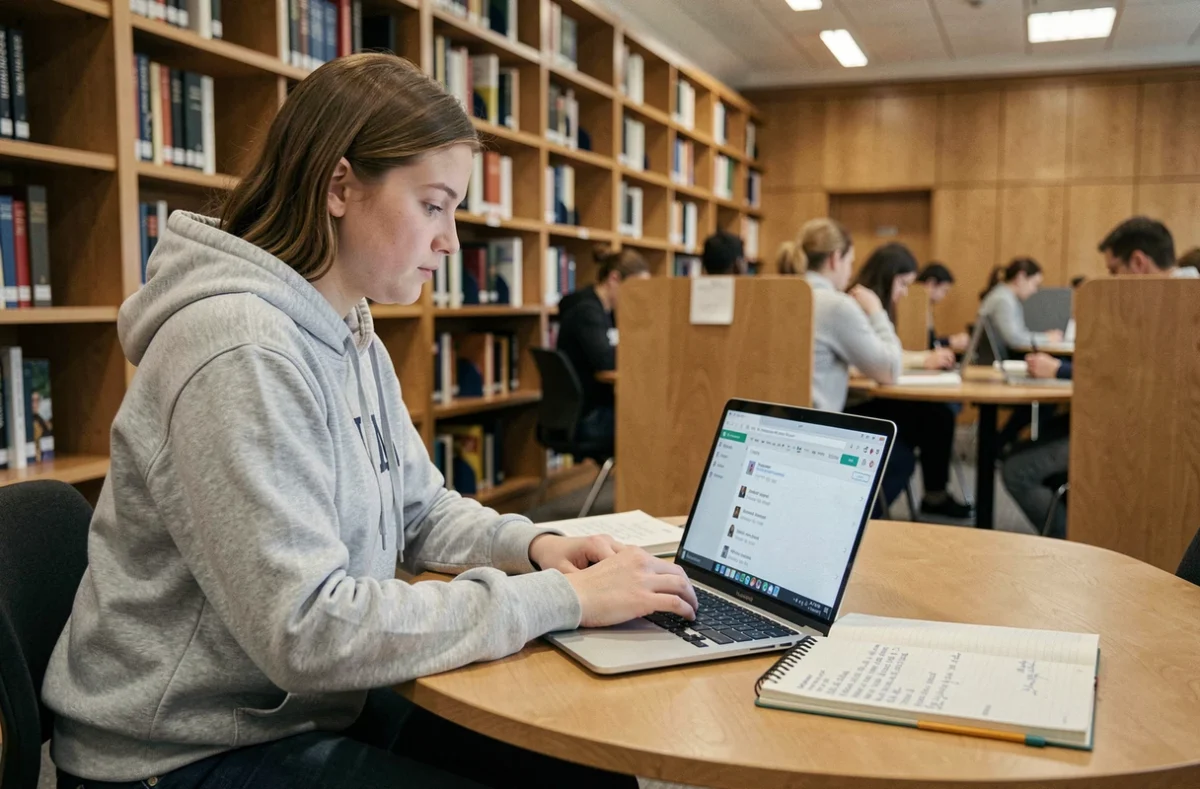 Étudiante consultant sa messagerie universitaire Strasbourg sur un ordinateur portable en bibliothèque