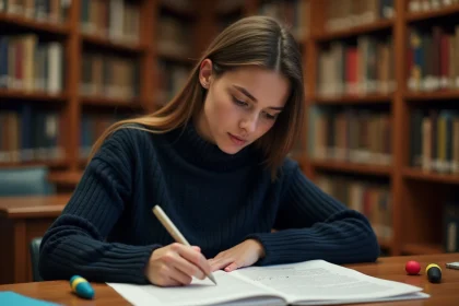 Étudiante relisant son mémoire imprimé dans une bibliothèque universitaire avec des notes manuscrites dans les marges