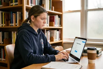 Étudiante frustrée tentant de récupérer son mot de passe sur l'intranet Lyon 3 depuis la bibliothèque universitaire