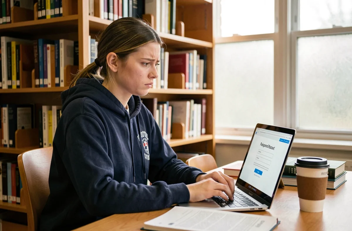 Étudiante frustrée tentant de récupérer son mot de passe sur l'intranet Lyon 3 depuis la bibliothèque universitaire