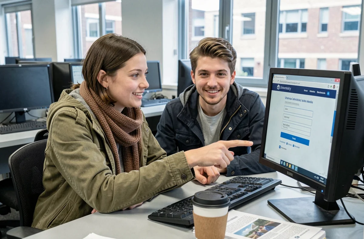 Deux étudiants configurant ensemble la messagerie mail de l'université de Strasbourg sur un ordinateur en salle informatique