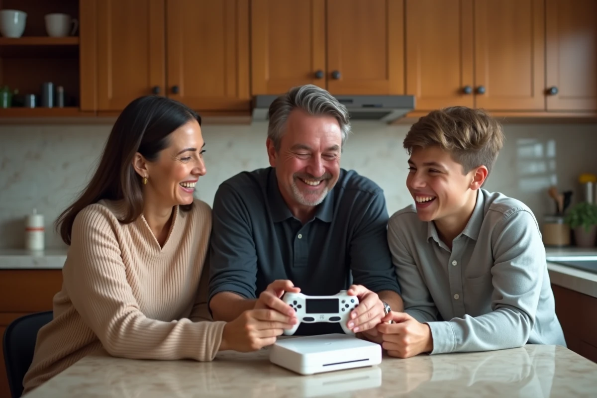 Une famille réunie autour d'une console portable Sony à la table de cuisine, illustrant le partage convivial de la PS5 entre générations