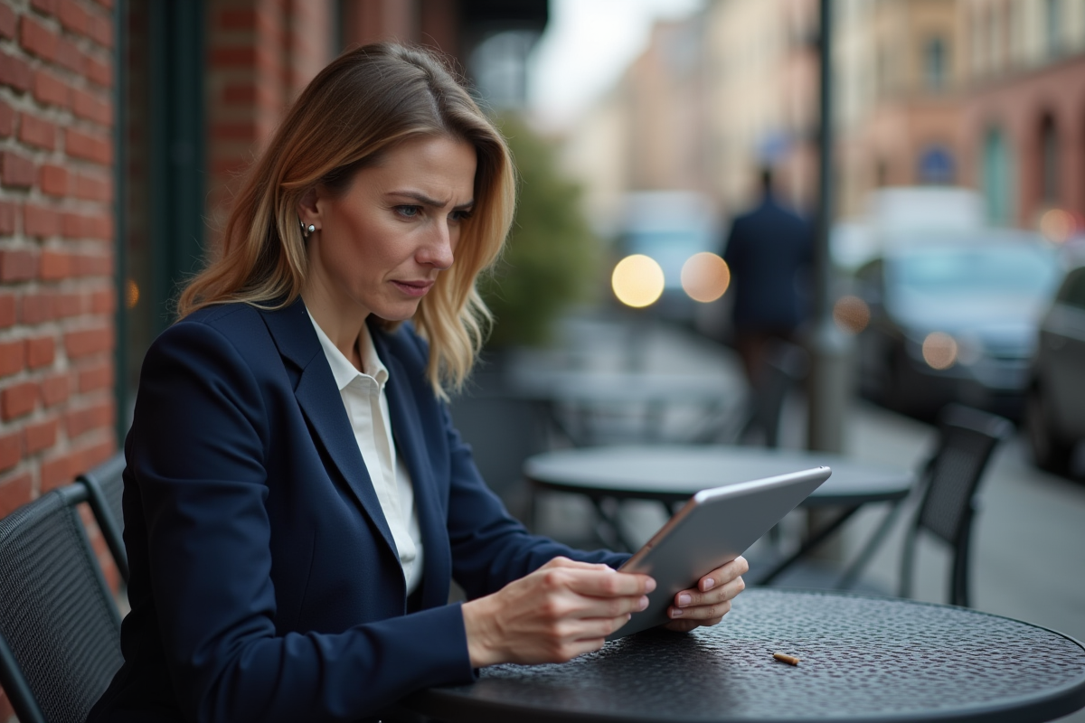 Femme d affaires frustrée avec avertissement SSL sur sa tablette