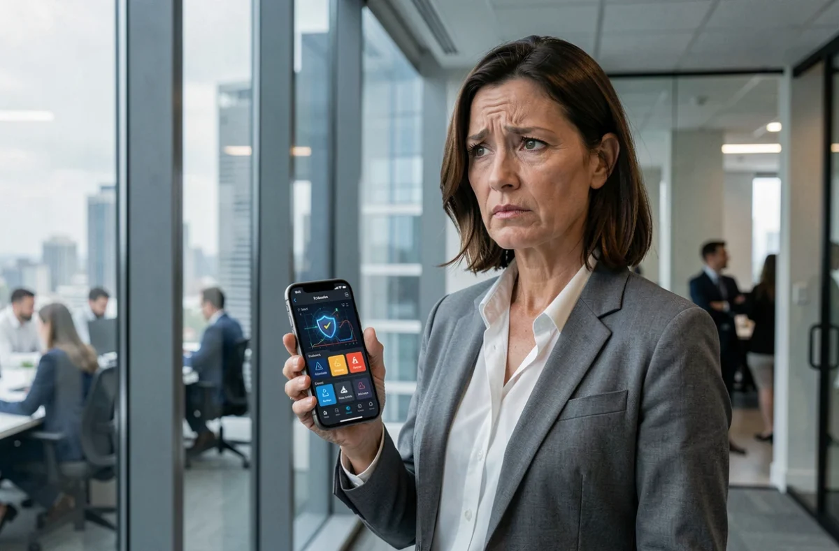 Femme d'affaires consultant une application de cybersécurité sur smartphone pour évaluer les risques d'espionnage numérique en entreprise