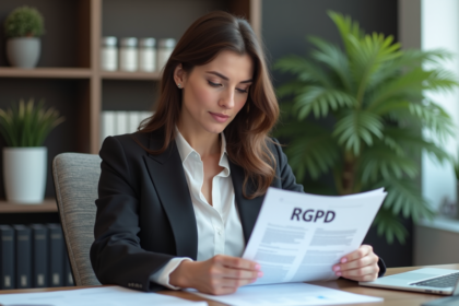Femme d'affaires brune en réunion avec documents RGPD