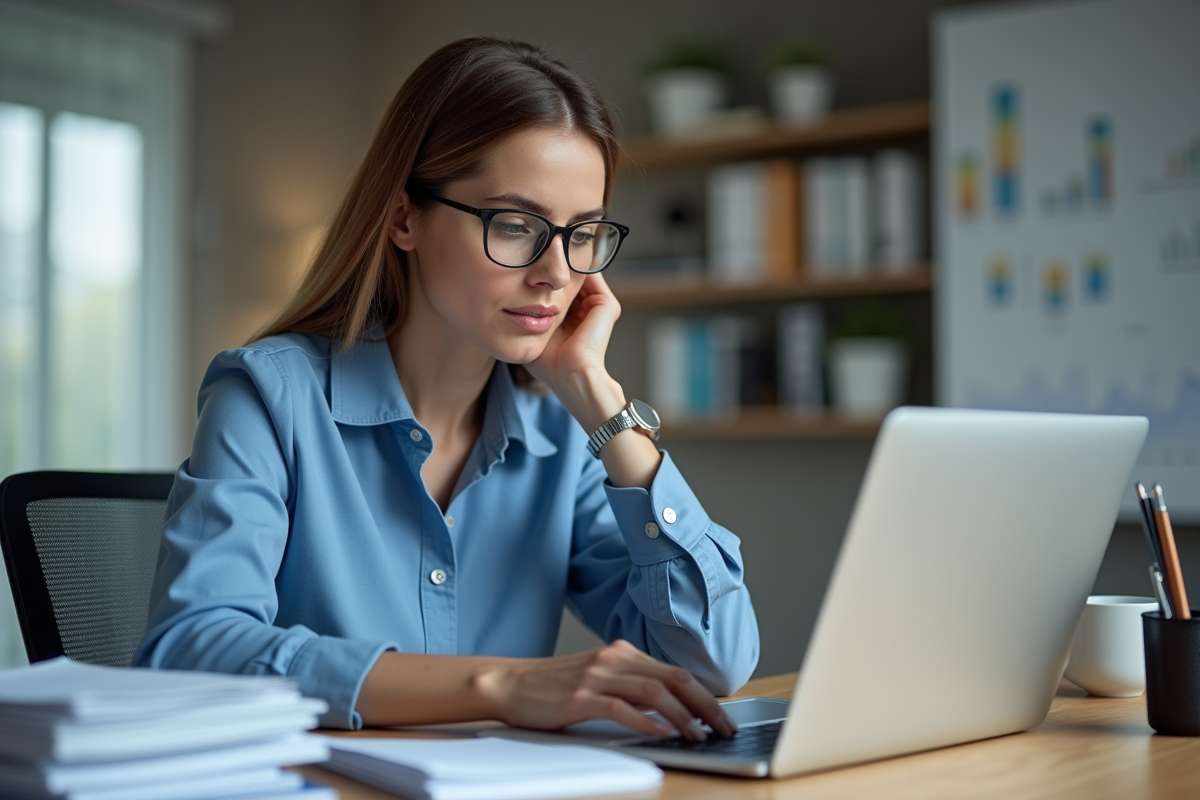 Femme concentrée analysant un tableau Excel au bureau