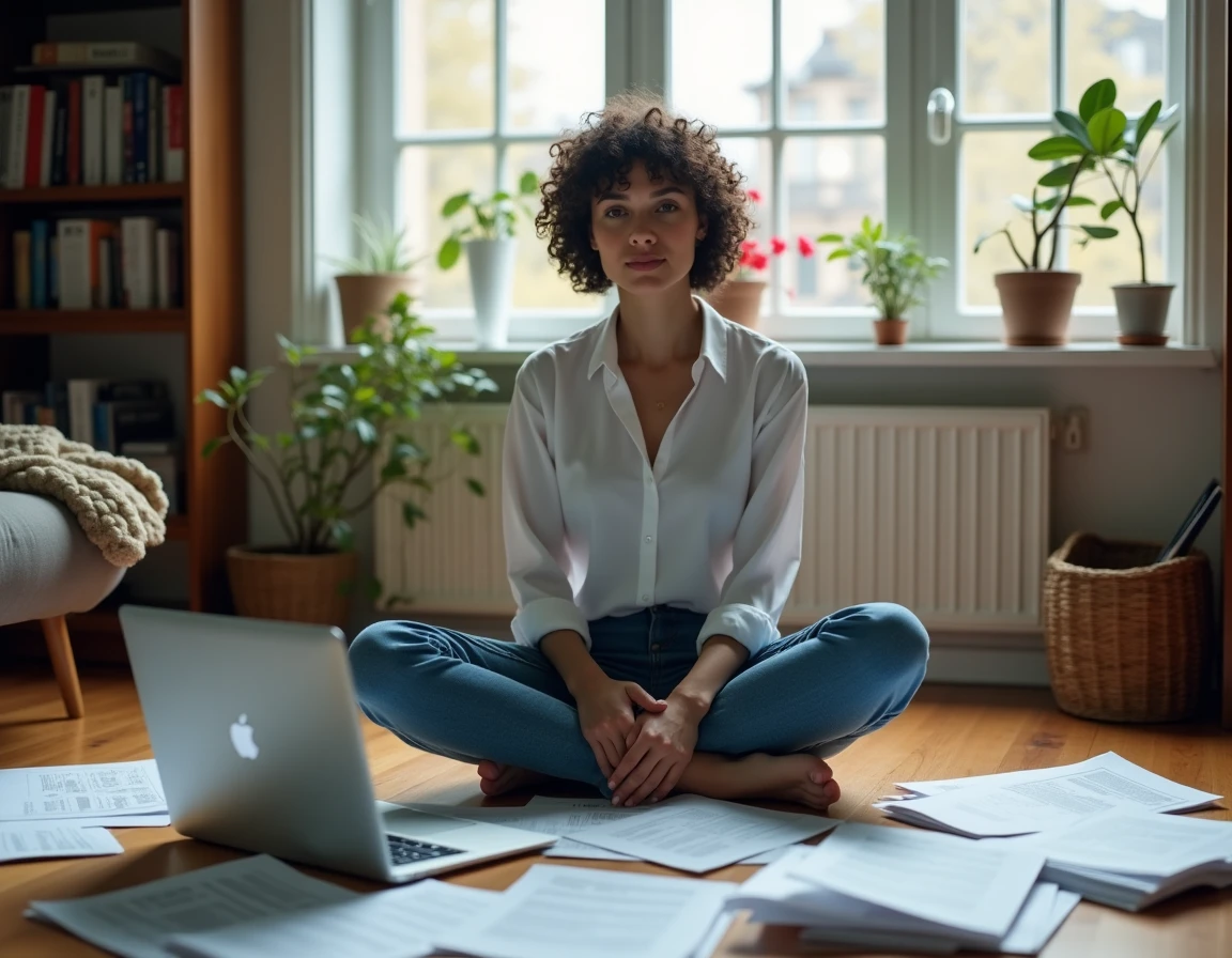 Femme développeuse analysant des documentations techniques sur les pilotes informatiques dans un bureau à domicile
