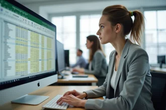 Femme en blazer gris analysant un tableau Excel avec des doublons surlignés en jaune sur un grand écran de bureau