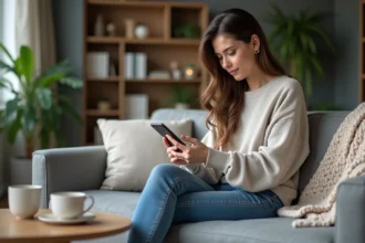Femme assise sur un canapé en train de gérer le stockage Android