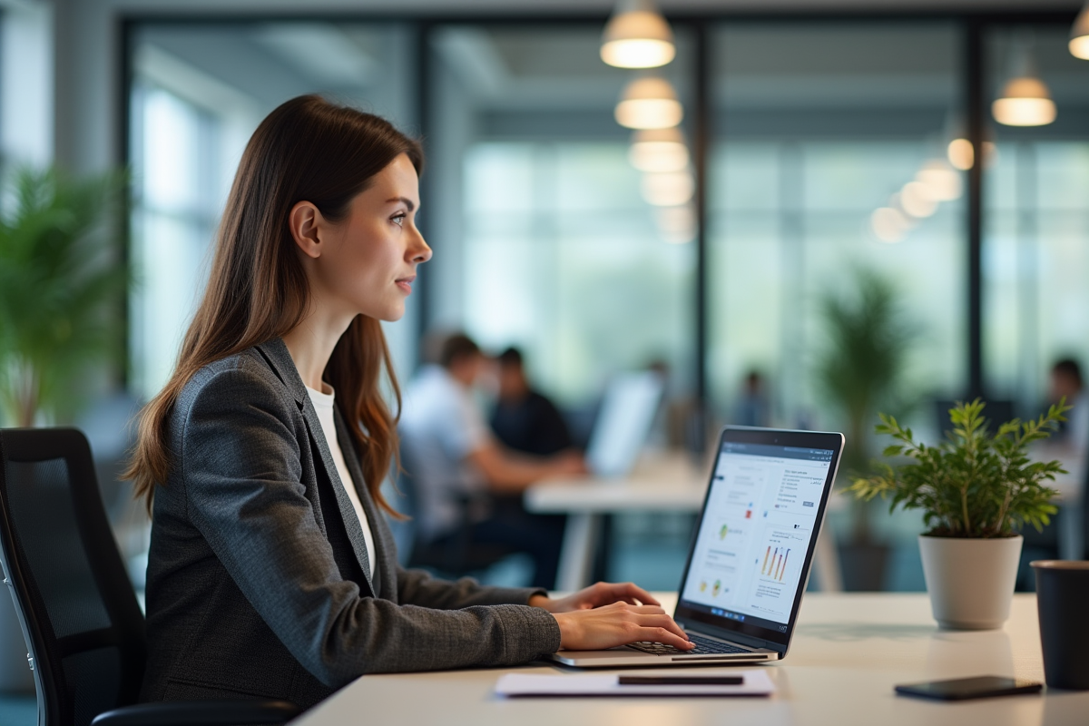 Femme en bureau moderne automatisant des tâches sur son ordinateur