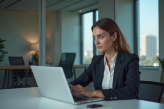 Femme en bureau avec chatbot sur son ordinateur