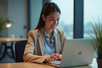 Jeune femme au bureau utilisant la reconnaissance digitale
