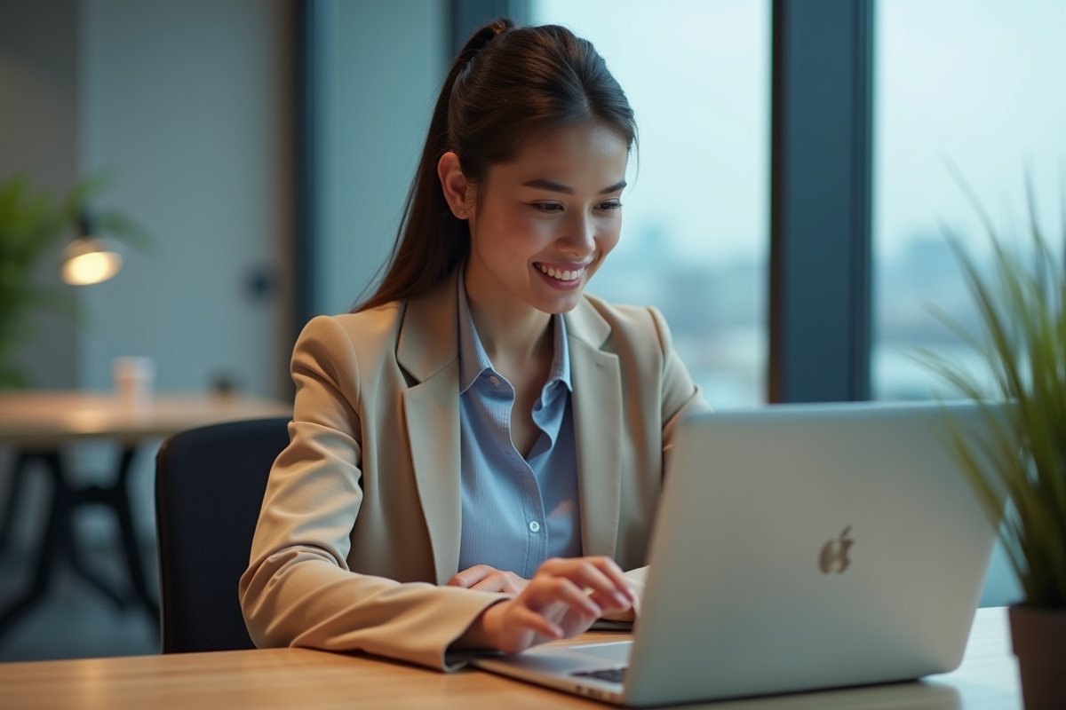 Jeune femme au bureau utilisant la reconnaissance digitale