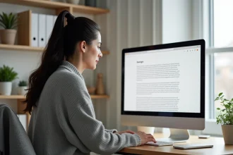 Femme regardant attentivement un grand écran d'ordinateur dans un bureau minimaliste, illustrant la relation entre la taille d'écran et le confort visuel