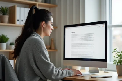 Femme regardant attentivement un grand écran d'ordinateur dans un bureau minimaliste, illustrant la relation entre la taille d'écran et le confort visuel